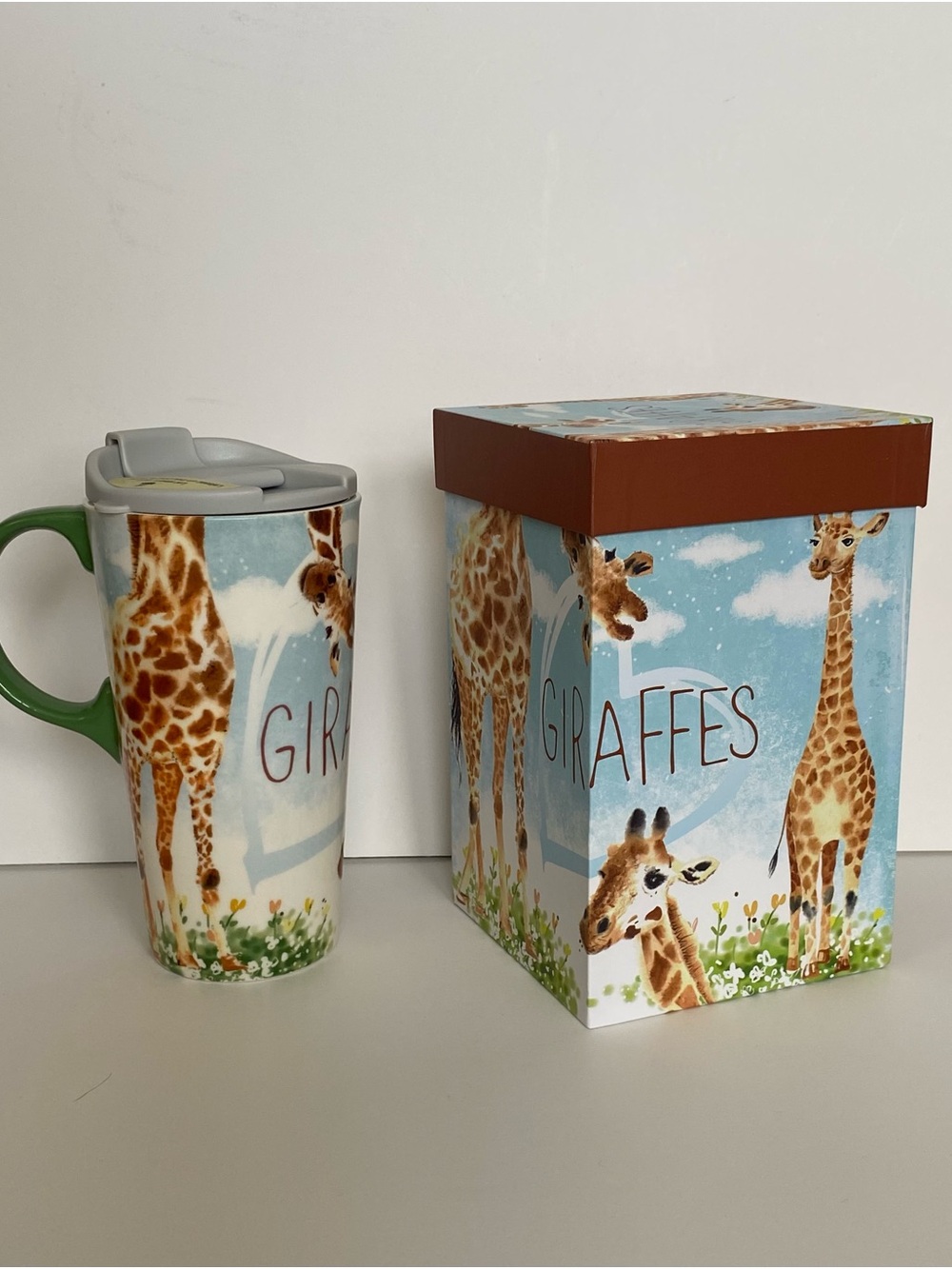 Giraffes Travel Mug with Lid and Box GreaterGood Ceramic tumbler cup